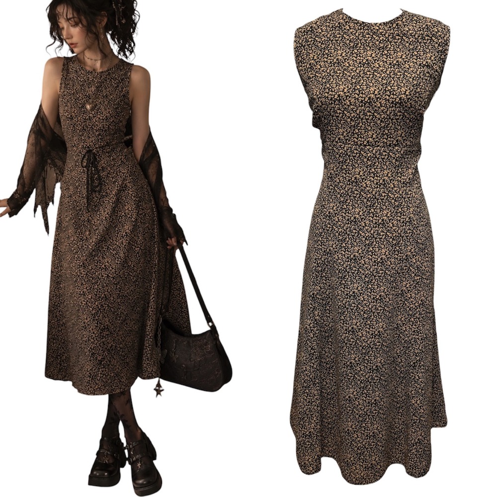 Vtg 90s Y2K Womens M Midi Dress Ditsy Floral Midi Whimsigoth Ethereal Romantic